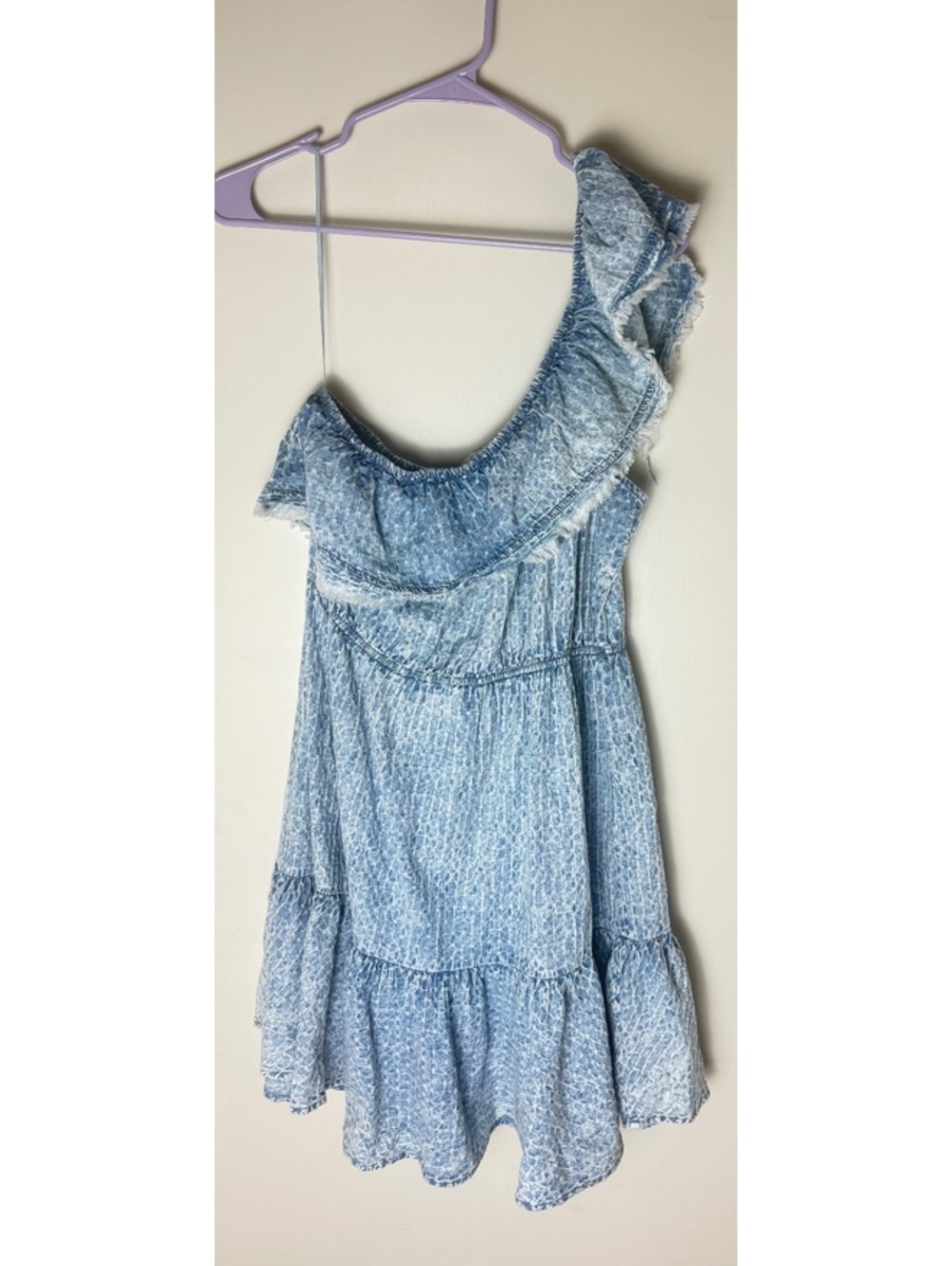 Promesa L Acid Wash Blue One Shoulder Ruffle Mini Dress Boho Belt Loops